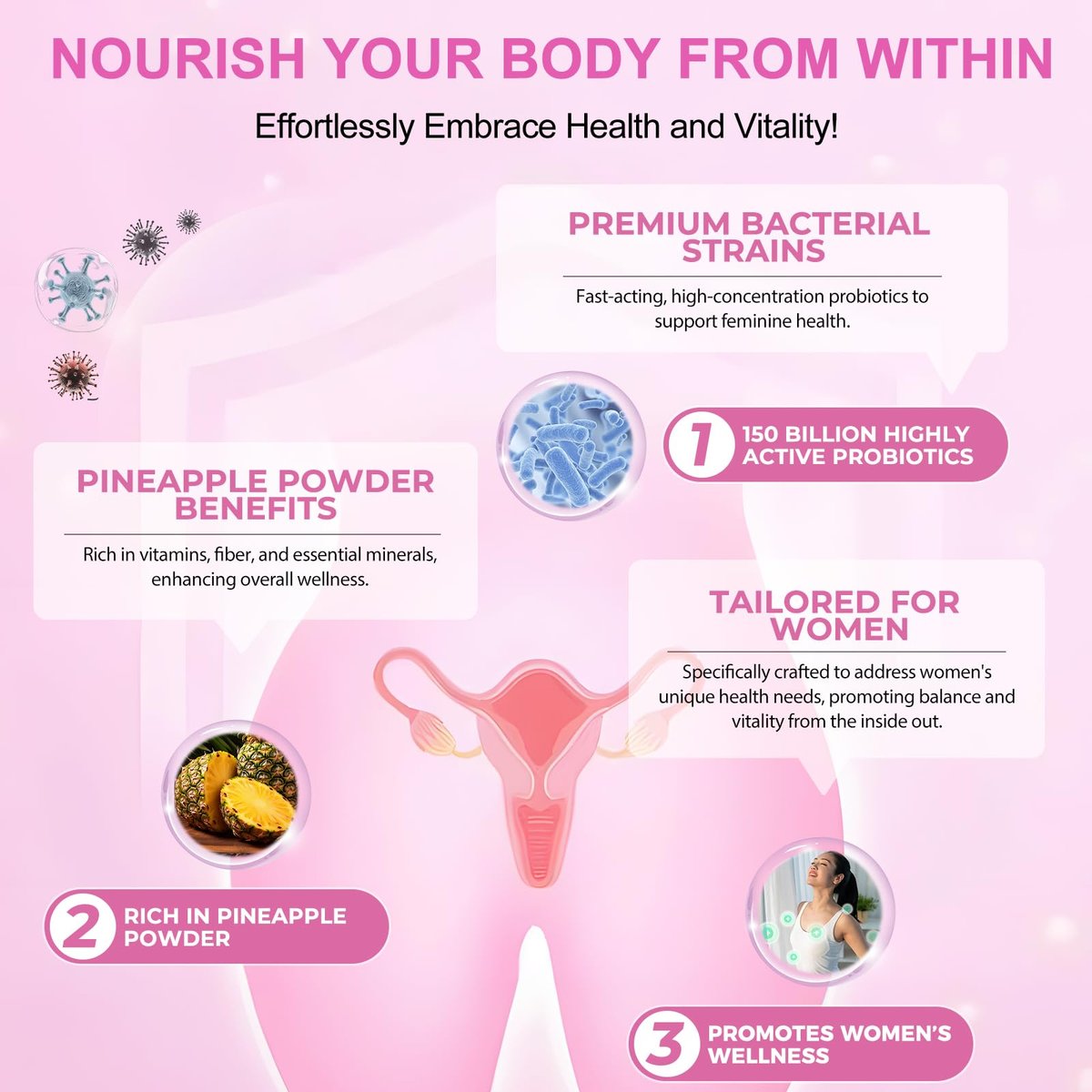 Vaginale Probiotika für Frauen – pH-Balance, feminine Balance Gummibärchen mit Ananasgeschmack – 60 Stück