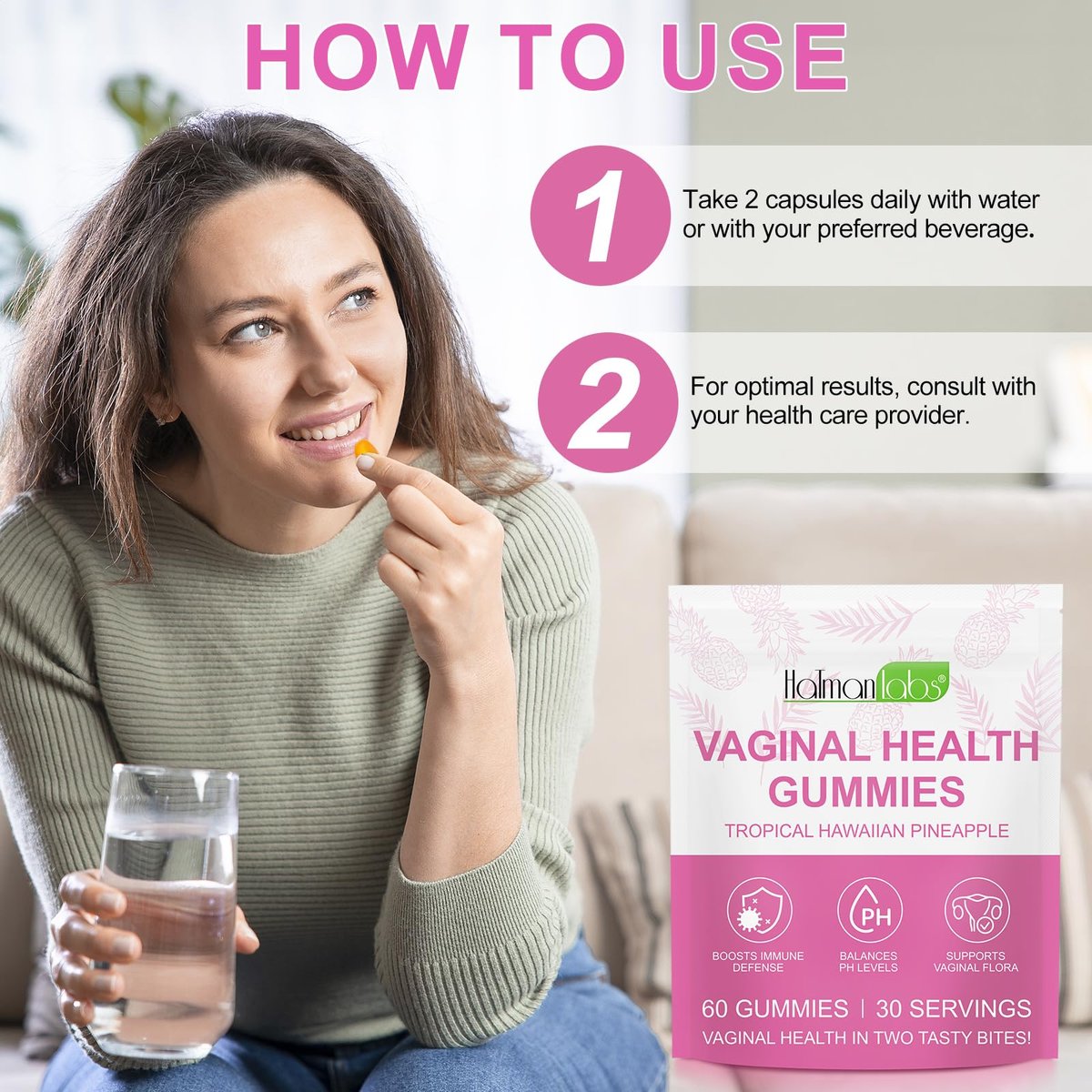 Vaginale Probiotika für Frauen – pH-Balance, feminine Balance Gummibärchen mit Ananasgeschmack – 60 Stück
