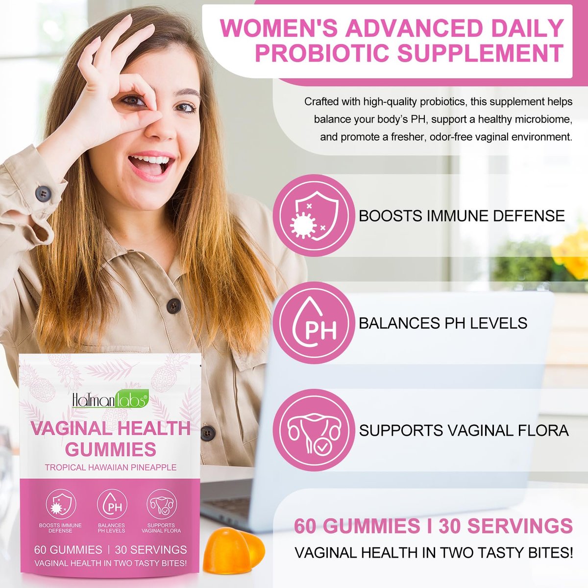 Vaginale Probiotika für Frauen – pH-Balance, feminine Balance Gummibärchen mit Ananasgeschmack – 60 Stück
