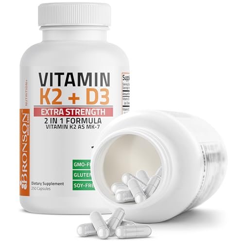 Bronson Vitamin K2 (MK7) mit D3 Extra Stark - Knochen- und Herzgesundheit, nicht gentechnisch verändert - 10.000 IE Vitamin D3 & 120 mcg Vitamin K2 MK-7 - leicht zu schlucken - 250 Kapseln