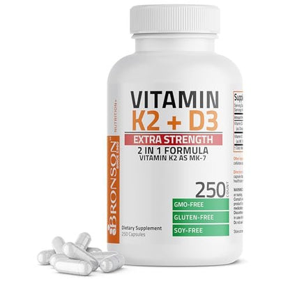 Bronson Vitamin K2 (MK7) mit D3 Extra Stark - Knochen- und Herzgesundheit, nicht gentechnisch verändert - 10.000 IE Vitamin D3 & 120 mcg Vitamin K2 MK-7 - leicht zu schlucken - 250 Kapseln
