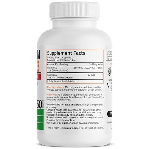 Bronson Vitamin K2 (MK7) mit D3 Extra Stark - Knochen- und Herzgesundheit, nicht gentechnisch verändert - 10.000 IE Vitamin D3 & 120 mcg Vitamin K2 MK-7 - leicht zu schlucken - 250 Kapseln