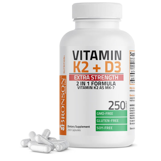 Bronson Vitamin K2 (MK7) mit D3 Extra Stark - Knochen- und Herzgesundheit, nicht gentechnisch verändert - 10.000 IE Vitamin D3 & 120 mcg Vitamin K2 MK-7 - leicht zu schlucken - 250 Kapseln