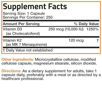 Bronson Vitamin K2 (MK7) mit D3 Extra Stark - Knochen- und Herzgesundheit, nicht gentechnisch verändert - 10.000 IE Vitamin D3 & 120 mcg Vitamin K2 MK-7 - leicht zu schlucken - 250 Kapseln