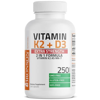 Bronson Vitamin K2 (MK7) mit D3 Extra Stark - Knochen- und Herzgesundheit, nicht gentechnisch verändert - 10.000 IE Vitamin D3 & 120 mcg Vitamin K2 MK-7 - leicht zu schlucken - 250 Kapseln
