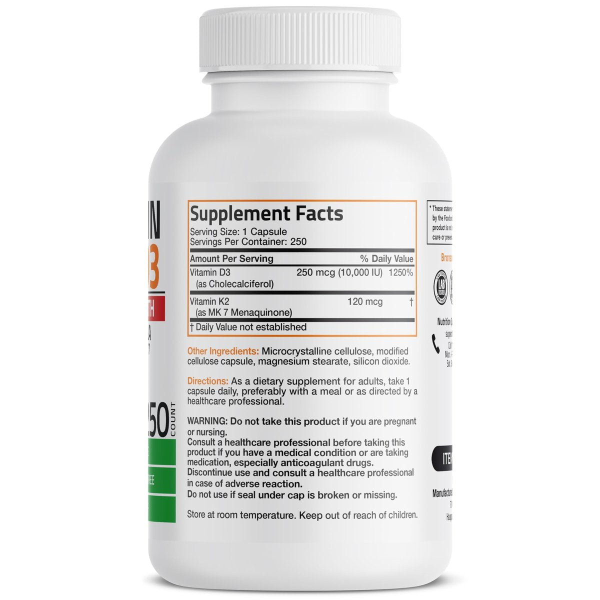 Bronson Vitamin K2 (MK7) mit D3 Extra Stark - Knochen- und Herzgesundheit, nicht gentechnisch verändert - 10.000 IE Vitamin D3 & 120 mcg Vitamin K2 MK-7 - leicht zu schlucken - 250 Kapseln