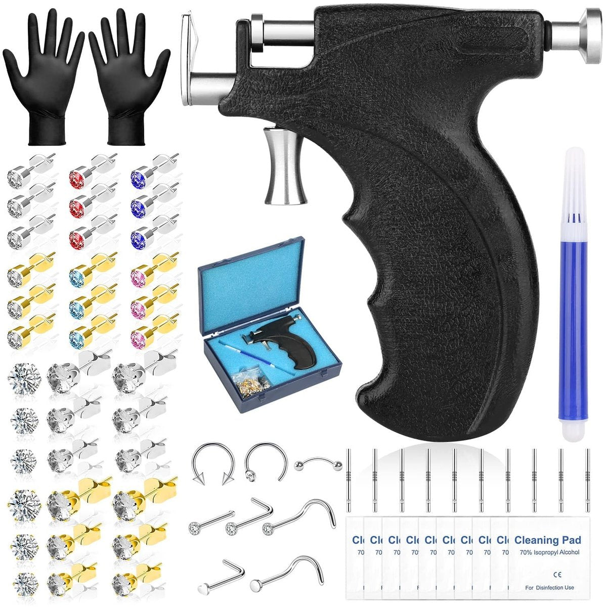 Professionelles Ohrlochstechen-Set, wiederverwendbares Piercing-Gerät mit bunten Kristall-Ohrringen für Zuhause, Salon, Ohrläppchen, Knorpel, Helix, Tragus – Piercing-Werkzeugset (Schwarz)