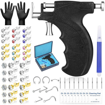 Professionelles Ohrlochstechen-Set, wiederverwendbares Piercing-Gerät mit bunten Kristall-Ohrringen für Zuhause, Salon, Ohrläppchen, Knorpel, Helix, Tragus – Piercing-Werkzeugset (Schwarz)