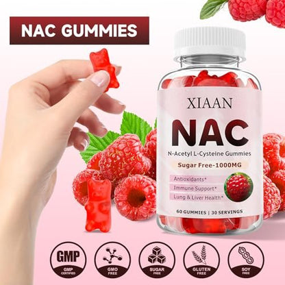 XIAAN NAC Gummies für Kinder & Erwachsene – N-Acetylcystein 1000 mg | Antioxidantien & Immununterstützung | Lungen- & Lebergesundheit | Himbeergeschmack | 60 Stück
