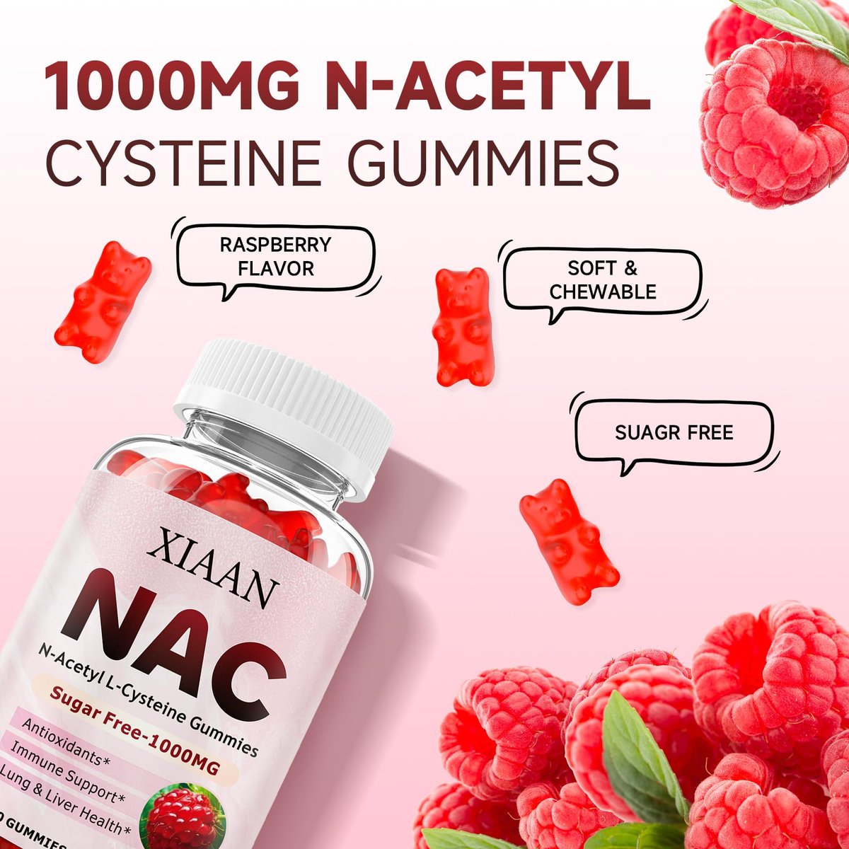 XIAAN NAC Gummies für Kinder & Erwachsene – N-Acetylcystein 1000 mg | Antioxidantien & Immununterstützung | Lungen- & Lebergesundheit | Himbeergeschmack | 60 Stück