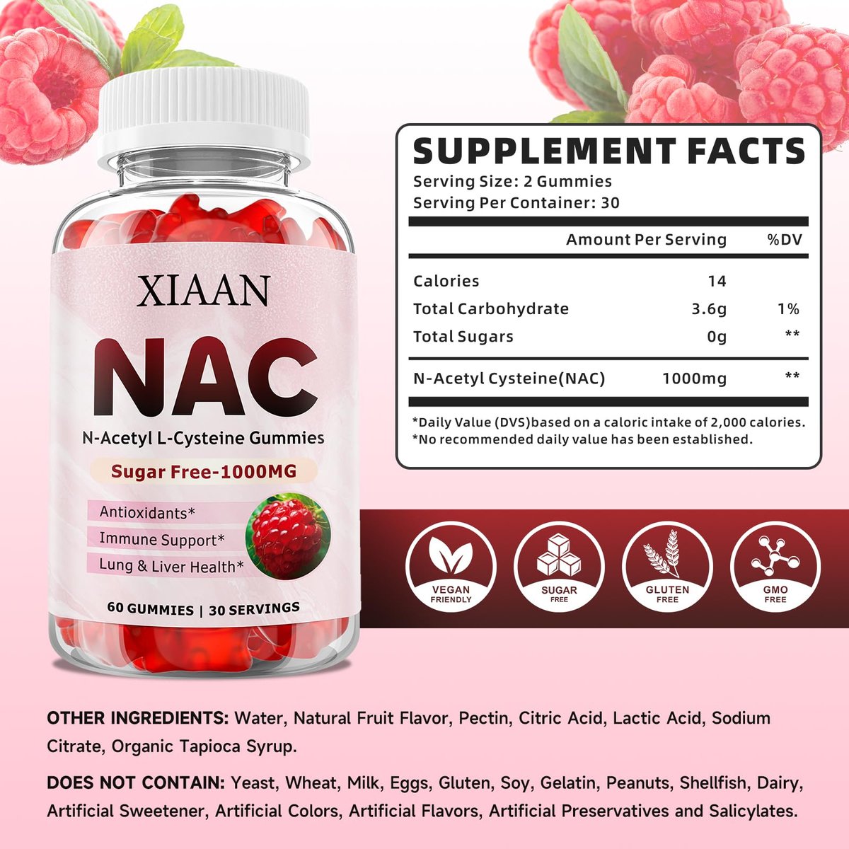 XIAAN NAC Gummies für Kinder & Erwachsene – N-Acetylcystein 1000 mg | Antioxidantien & Immununterstützung | Lungen- & Lebergesundheit | Himbeergeschmack | 60 Stück