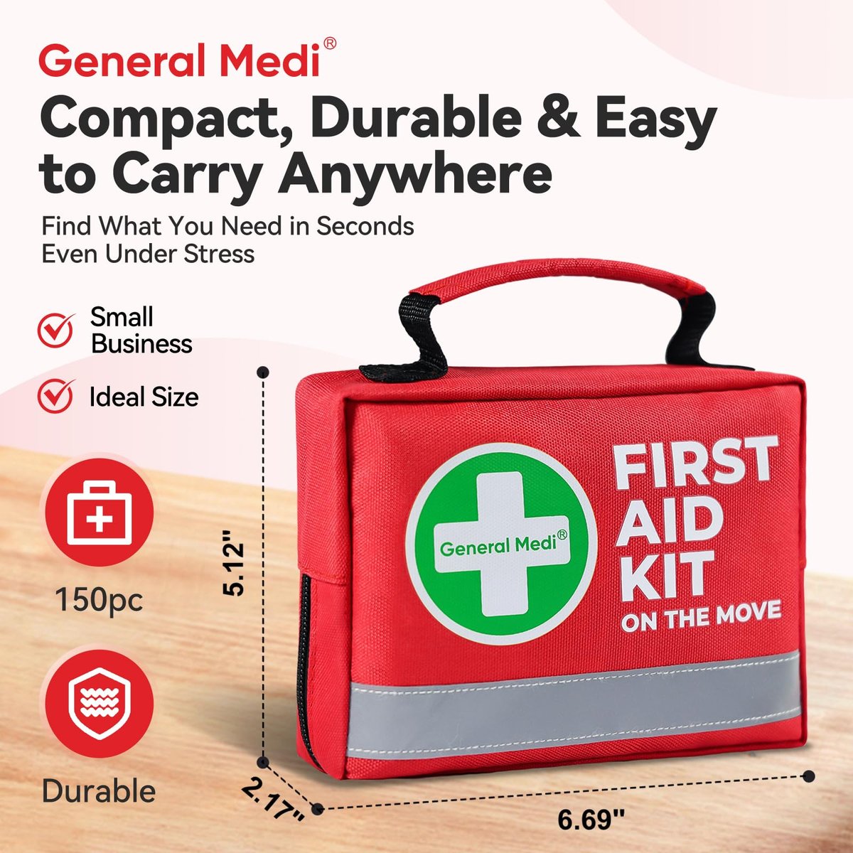 General Medi Erste-Hilfe-Set – 150-teiliges kompaktes Erste-Hilfe-Set mit Kältekompresse und Notfalldecke für Zuhause, Reisen, Büro, Fahrzeug und Camping