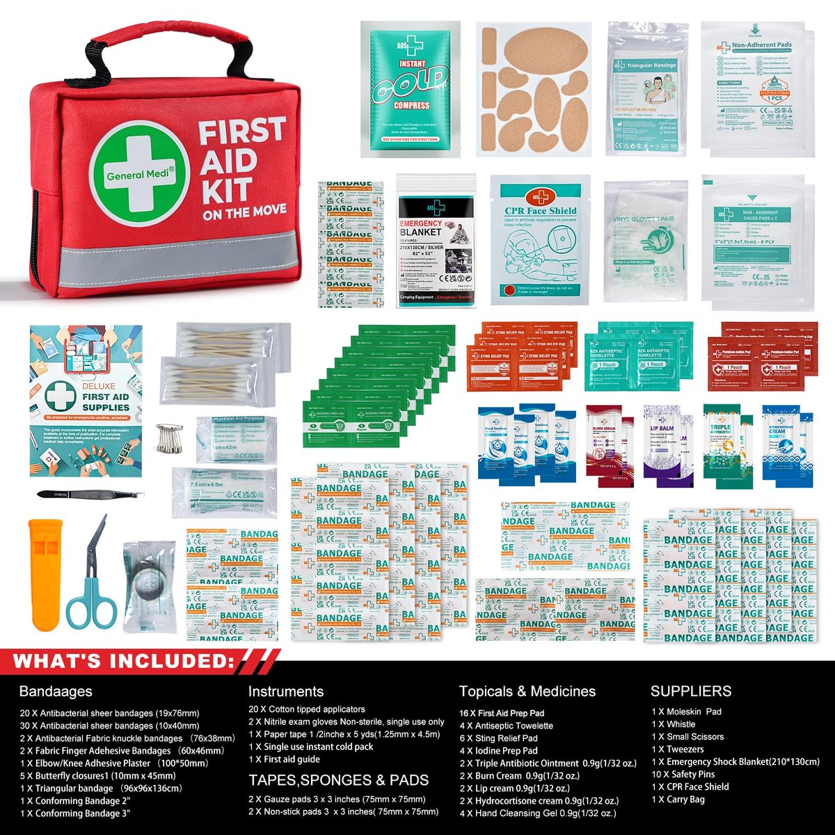 General Medi Erste-Hilfe-Set – 150-teiliges kompaktes Erste-Hilfe-Set mit Kältekompresse und Notfalldecke für Zuhause, Reisen, Büro, Fahrzeug und Camping