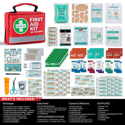 General Medi Erste-Hilfe-Set – 150-teiliges kompaktes Erste-Hilfe-Set mit Kältekompresse und Notfalldecke für Zuhause, Reisen, Büro, Fahrzeug und Camping
