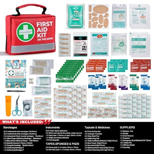 General Medi Erste-Hilfe-Set – 150-teiliges kompaktes Erste-Hilfe-Set mit Kältekompresse und Notfalldecke für Zuhause, Reisen, Büro, Fahrzeug und Camping
