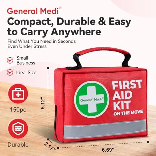General Medi Erste-Hilfe-Set – 150-teiliges kompaktes Erste-Hilfe-Set mit Kältekompresse und Notfalldecke für Zuhause, Reisen, Büro, Fahrzeug und Camping