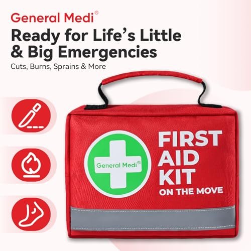 General Medi Erste-Hilfe-Set – 150-teiliges kompaktes Erste-Hilfe-Set mit Kältekompresse und Notfalldecke für Zuhause, Reisen, Büro, Fahrzeug und Camping