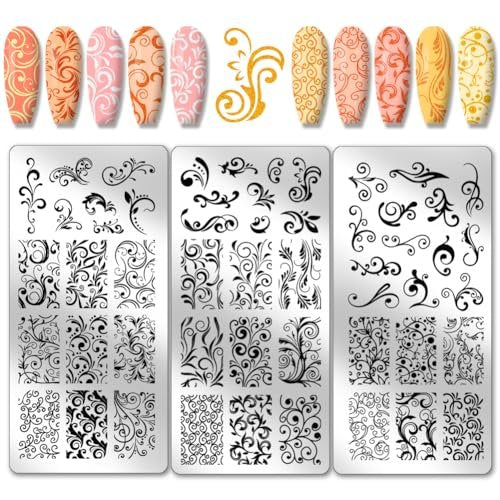PH PandaHall 3er Set Swirl Muster Nagelkunst Schablonen, French Nagelstempelplatte 52 Muster Pflanzen Blumen Nagelstencils Edelstahl Stempelplatten für Nageldesign Maniküre Salon Frühling
