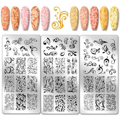 PH PandaHall 3er Set Swirl Muster Nagelkunst Schablonen, French Nagelstempelplatte 52 Muster Pflanzen Blumen Nagelstencils Edelstahl Stempelplatten für Nageldesign Maniküre Salon Frühling