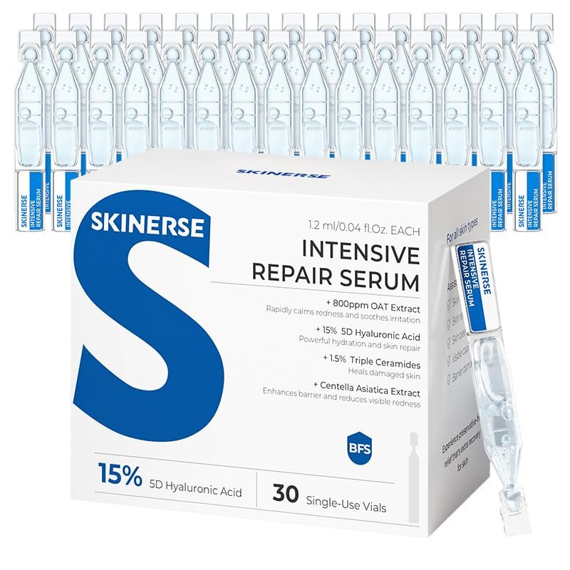 SKINERSE Intensiv Reparaturserum, 15% Hyaluronsäure für empfindliche Haut, Anti-Aging, ultra-feuchtigkeitsspendendes Gesichtsserum, beruhigende Barrierereparatur, Rötungsminderung mit Ceramiden und Centella, 30 Vials tägliche Reisegröße