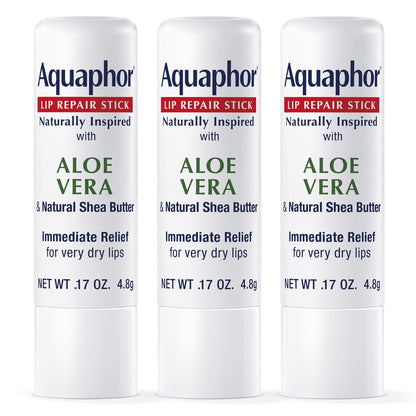 Aquaphor Naturally Inspired Lippenpflegestift mit Aloe Vera und Sheabutter – Feuchtigkeitsspendender Lippenbalsam gegen trockene und rissige Lippen, 0,17 Unzen Stick, 3er-Pack