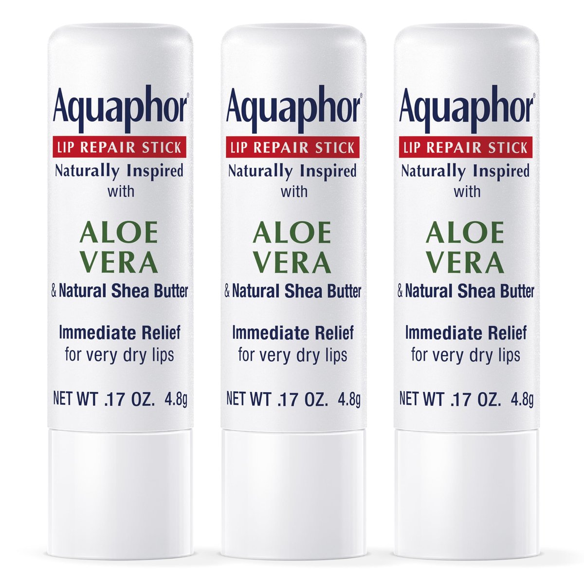 Aquaphor Naturally Inspired Lippenpflegestift mit Aloe Vera und Sheabutter – Feuchtigkeitsspendender Lippenbalsam gegen trockene und rissige Lippen, 0,17 Unzen Stick, 3er-Pack
