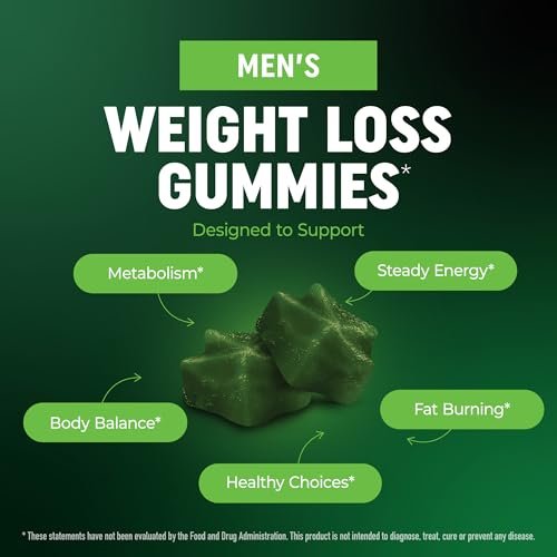 Männer Fatburner Gummibärchen zur Gewichtsabnahme | Grüner Tee, Grüne Kaffeebohne, Garcinia Cambogia & Ketone | Bauchfettverbrenner für Männer | Apfelgeschmack, Pektin-basiert | 60 Gummibärchen