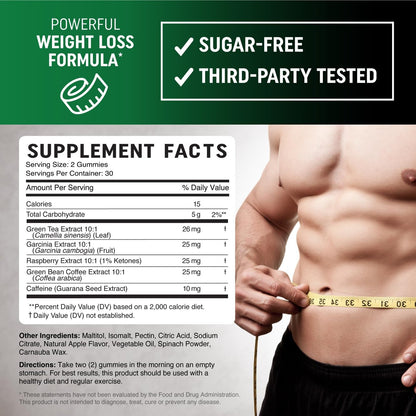 Männer Fatburner Gummibärchen zur Gewichtsabnahme | Grüner Tee, Grüne Kaffeebohne, Garcinia Cambogia & Ketone | Bauchfettverbrenner für Männer | Apfelgeschmack, Pektin-basiert | 60 Gummibärchen