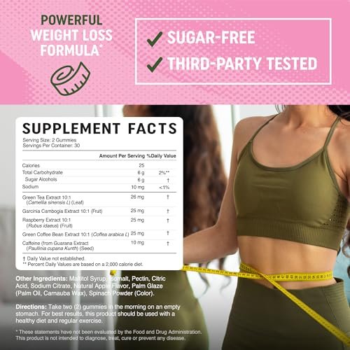 Frauen Fatburner Gummibärchen zur Gewichtsabnahme | Grüner Tee, Grüne Kaffeebohne, Garcinia Cambogia & Ketone | Fatburner für Frauen | Nahrungsergänzungsmittel mit grünem Tee | 60 Stück