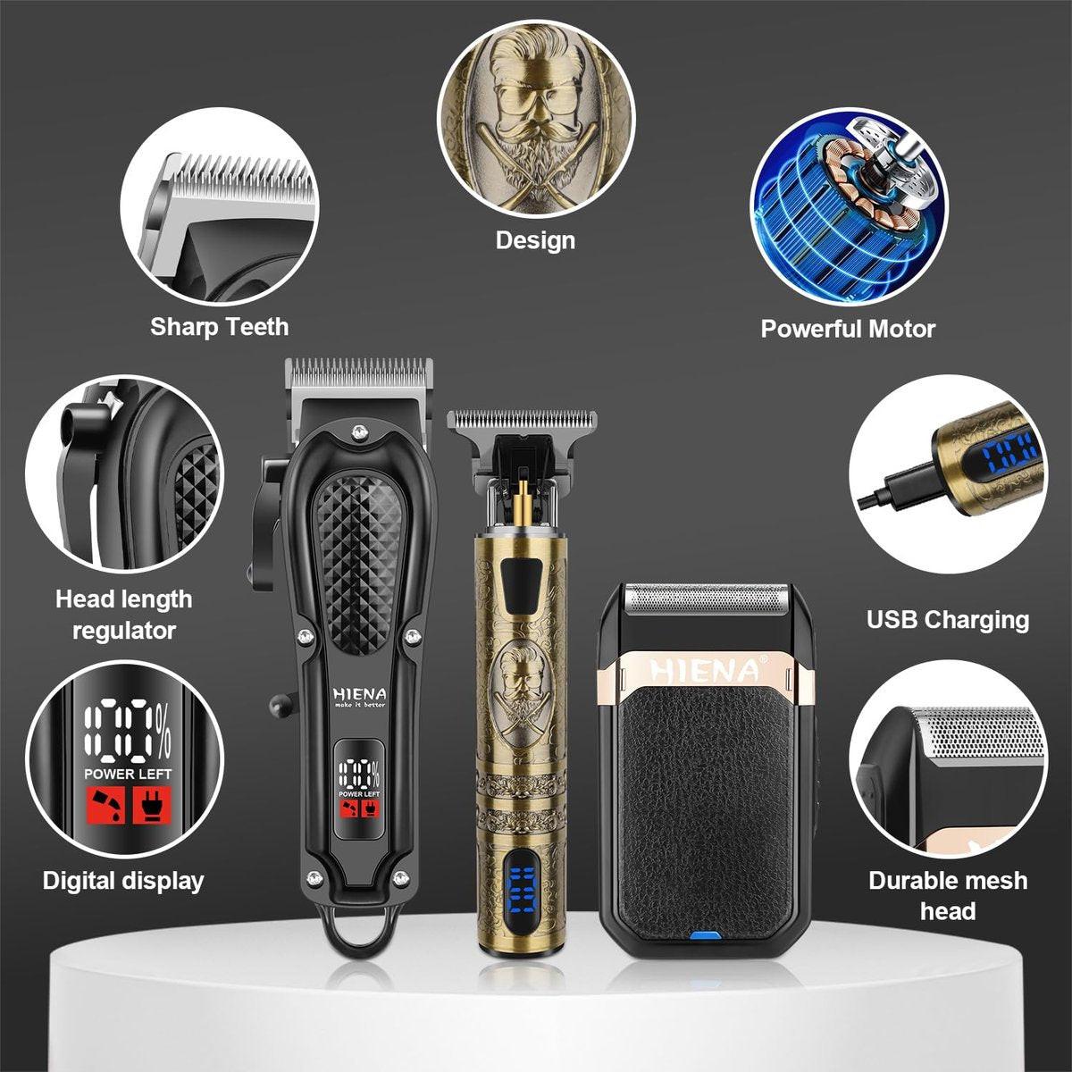 HIENA PRO Professioneller Haarschneider für Männer, Kabelloser Haarschneider für Haarschneide-Kit 3-in-1 LED-Haarschnitt-Set mit Folienrasierer, USB-C wiederaufladbarer Barber Haarschneider für Männer