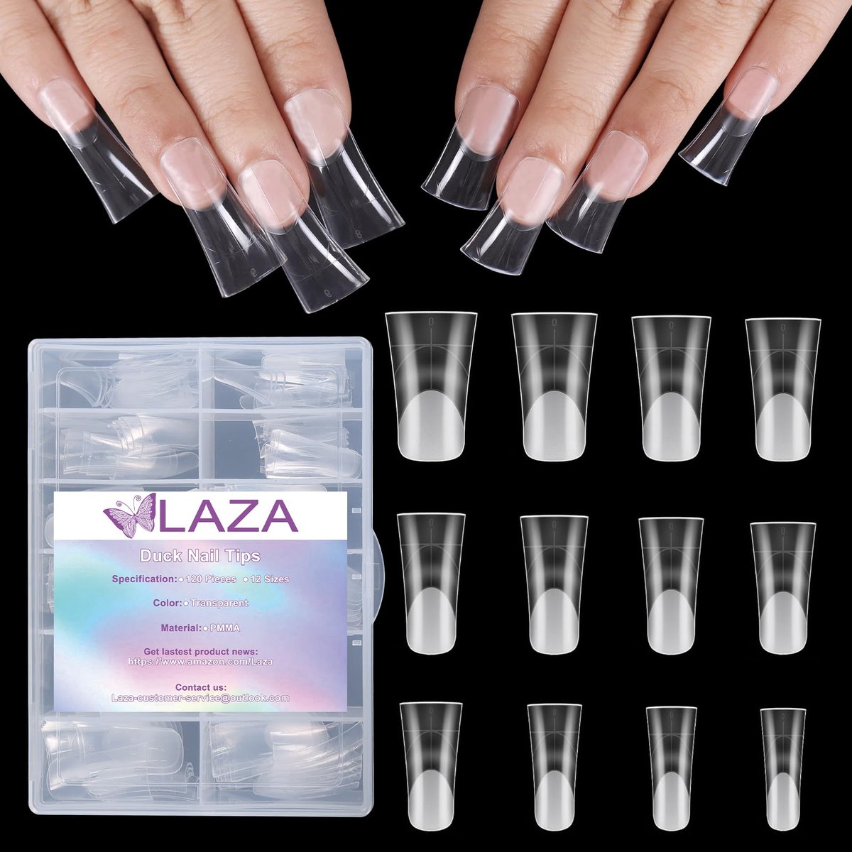 Laza 120 Stück mittellange Duck-Nagelspitzen mit Hilfslinien, 12 Größen, boxverpackt, klare Entennägel, vollflächig breite Nagelspitzen, French-False-Nagelspitzen für Acrylverlängerungen