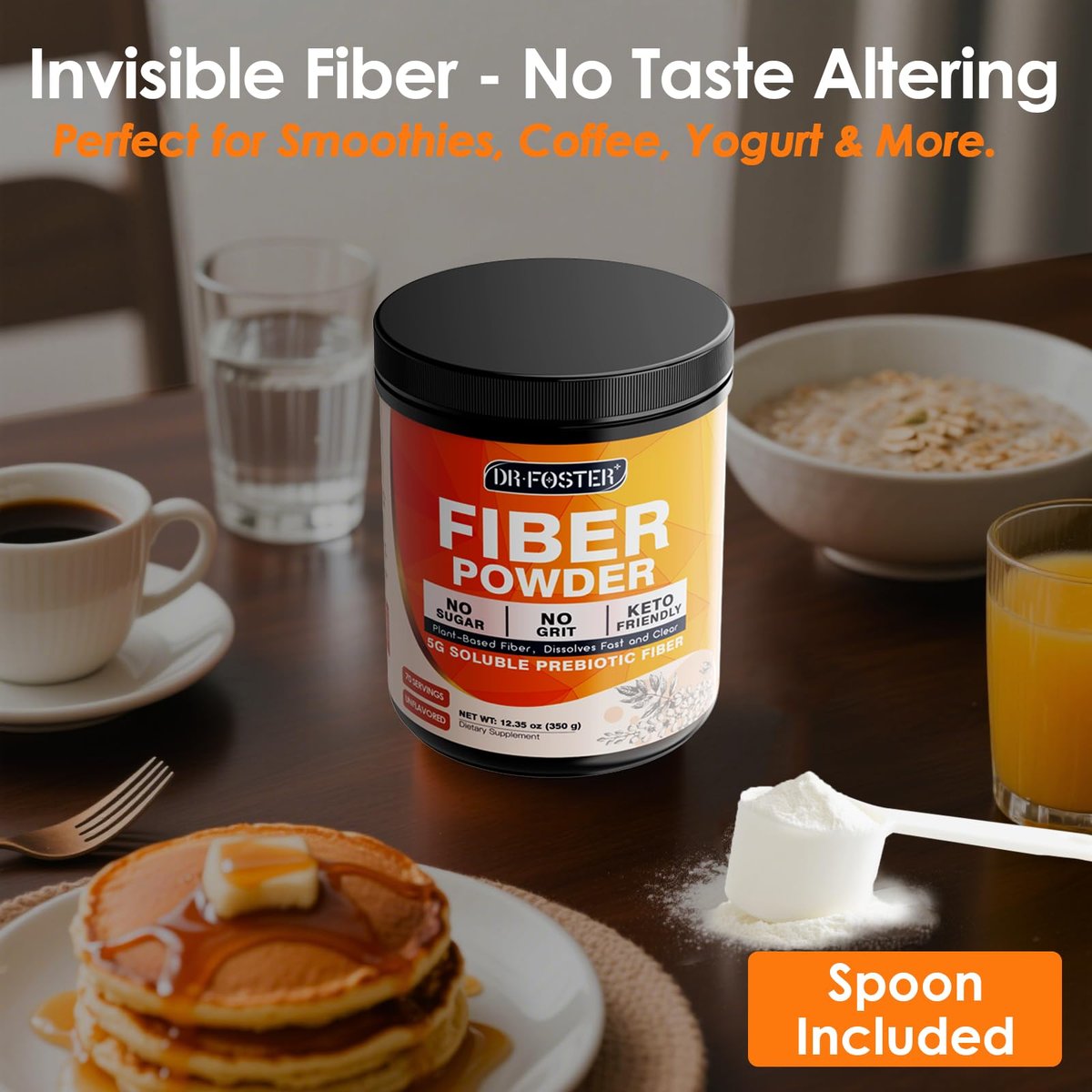 DRFOSTER Präbiotische Ballaststoffe Pulver ungesüßt - Löslicher Ballaststoff mit Akazienfaser & Inulin für die Verdauungsgesundheit | 5g pro Portion, 70 Portionen | Glutenfrei, zuckerfrei, vegan