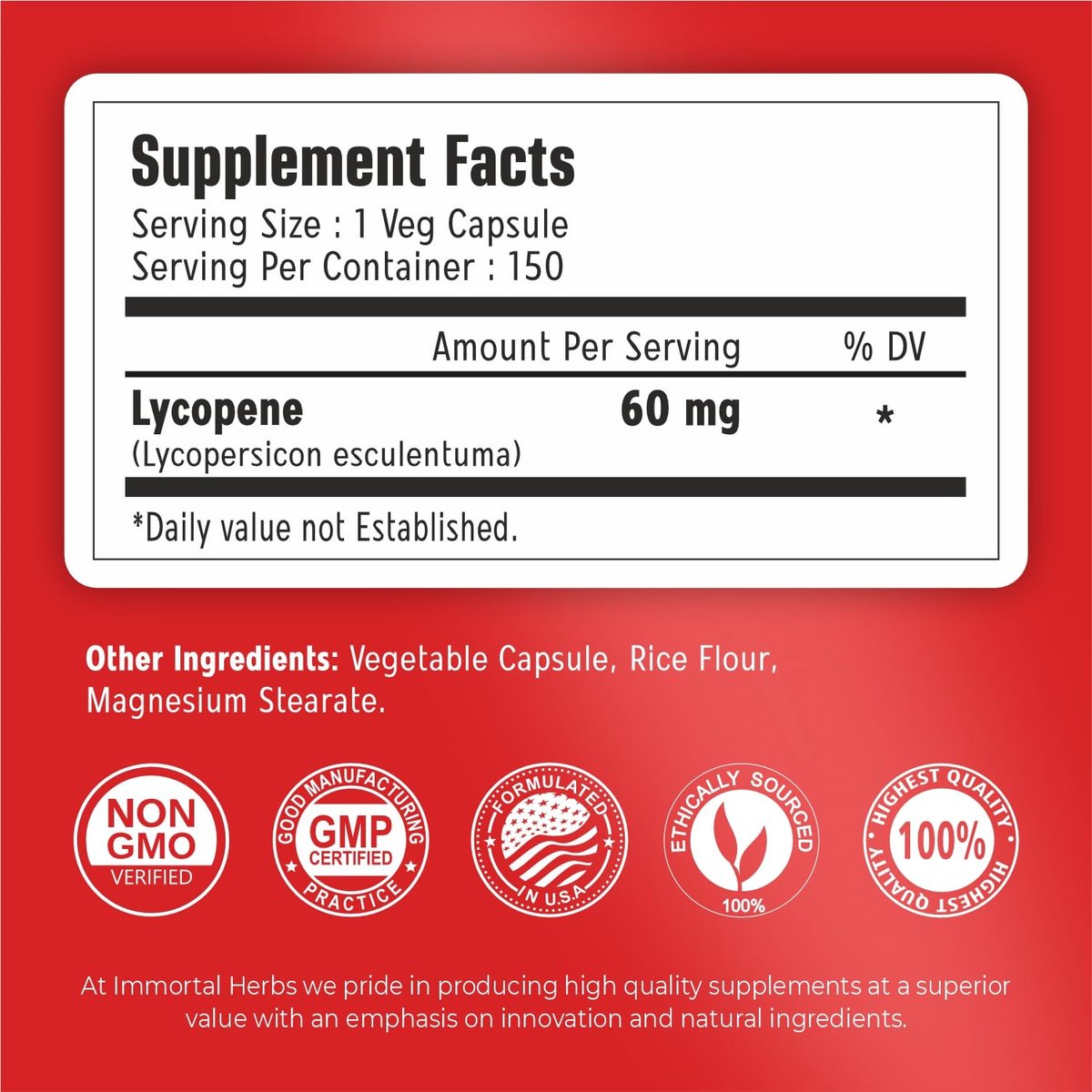 Immortal Herbs Lycopene Kapseln für Männer 60mg, 120 Kapseln, Natürliches Tomatenextrakt-Pulver, 4-Monats-Vorrat, 100% veganes Lycopin-Komplex, Non-GMO und glutenfrei Carotinoid-Ergänzung