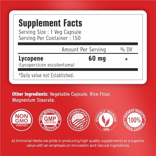 Immortal Herbs Lycopene Kapseln für Männer 60mg, 120 Kapseln, Natürliches Tomatenextrakt-Pulver, 4-Monats-Vorrat, 100% veganes Lycopin-Komplex, Non-GMO und glutenfrei Carotinoid-Ergänzung