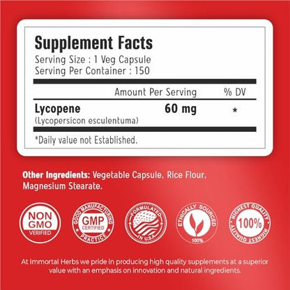 Immortal Herbs Lycopene Kapseln für Männer 60mg, 120 Kapseln, Natürliches Tomatenextrakt-Pulver, 4-Monats-Vorrat, 100% veganes Lycopin-Komplex, Non-GMO und glutenfrei Carotinoid-Ergänzung