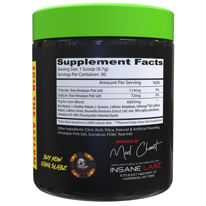 Insane Labz Psycho Sam – Hochdosierter Pre-Workout Booster mit Stimulanzien, 30 Portionen, Fruchtpunsch