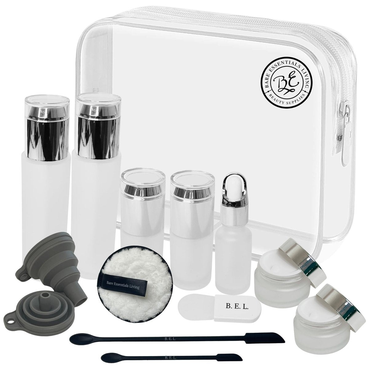 14-teiliges Reise-Skincare-Behälter-Set – TSA-geprüfte Kulturtasche & Glasflaschen für Pflegeprodukte (Pump-, Sprüh- & Tropfflaschen) – Ideal für Foundation, Serum, Feuchtigkeitscreme, Öl & Creme