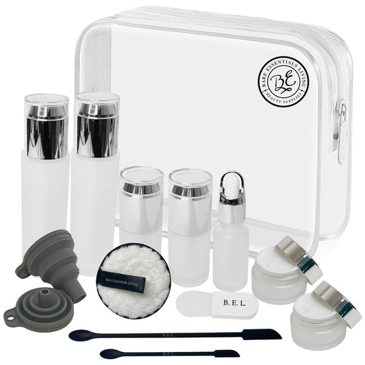 14-teiliges Reise-Skincare-Behälter-Set – TSA-geprüfte Kulturtasche & Glasflaschen für Pflegeprodukte (Pump-, Sprüh- & Tropfflaschen) – Ideal für Foundation, Serum, Feuchtigkeitscreme, Öl & Creme