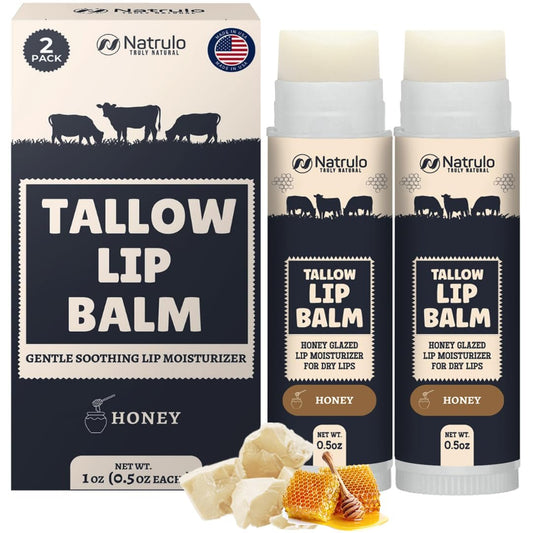 Natrulo Rindertalg-Lippenbalsam – Natürlicher Talg-Bienenwachs-Lip Balm – Feuchtigkeitsspendender Grasgefütterter Bison-Talg-Balsam – Lindert rissige, trockene Lippen, empfindliche Haut – Lang anhaltend, vitaminreich, USA-Herstellung 2er-Pack