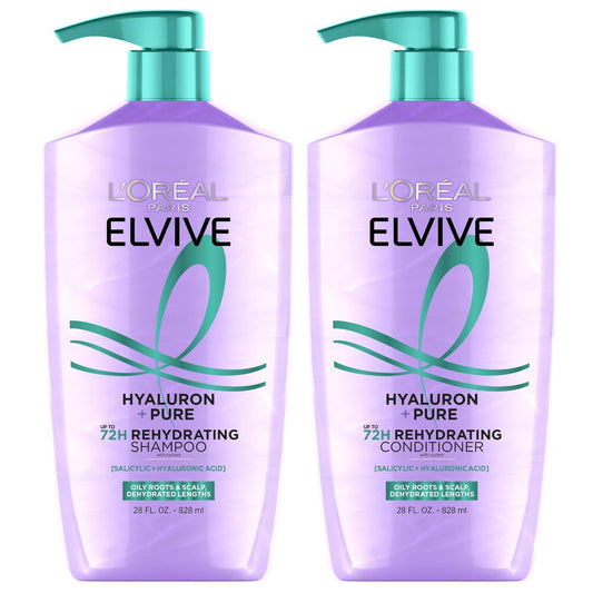 L'Oréal Paris Elvive Hyaluron + Pure Shampoo & Conditioner Set – Klärendes Shampoo und feuchtigkeitsspendender Conditioner mit Salicylsäure und Hyaluronsäure, 2 Flaschen à 400 ml