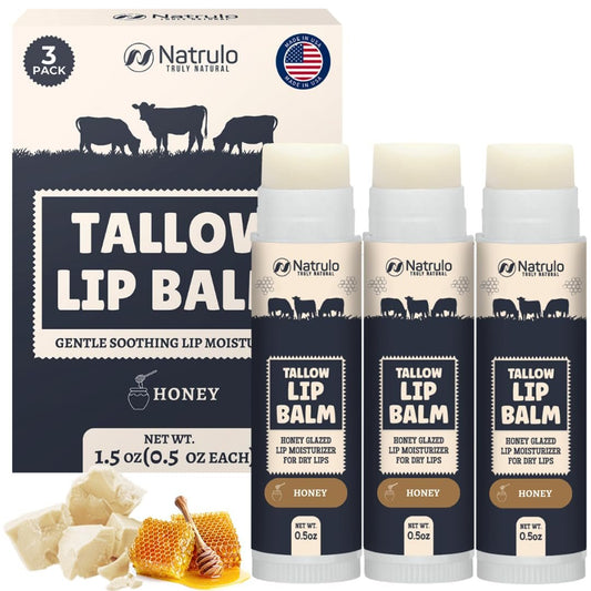 Natrulo Beef Tallow Lip Balm – Natürlicher Talg-Bienenwachs-Lippenbalsam – Feuchtigkeitsspendender Bison-Talg-Balsam für trockene, rissige Lippen – Vitaminreich, USA-Herstellung, 3er-Pack