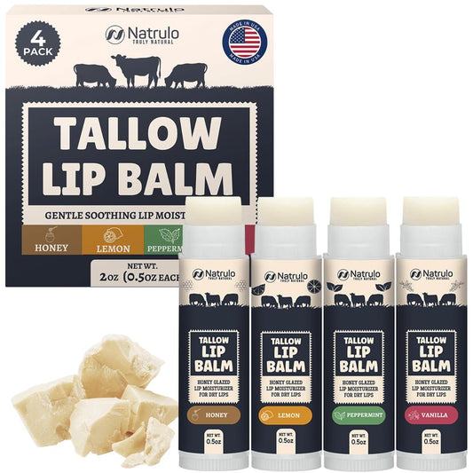 Beef Tallow Lippenbalsam – Natürlicher Tallow Bienenwachs Chapstick – Feuchtigkeitsspendender Grass Fed Tallow Honigbalsam – Beruhigt rissige, trockene, empfindliche Lippen – Vitaminreich, langanhaltend, USA-Herstellung, Sortiment