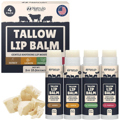 Beef Tallow Lippenbalsam – Natürlicher Tallow Bienenwachs Chapstick – Feuchtigkeitsspendender Grass Fed Tallow Honigbalsam – Beruhigt rissige, trockene, empfindliche Lippen – Vitaminreich, langanhaltend, USA-Herstellung, Sortiment