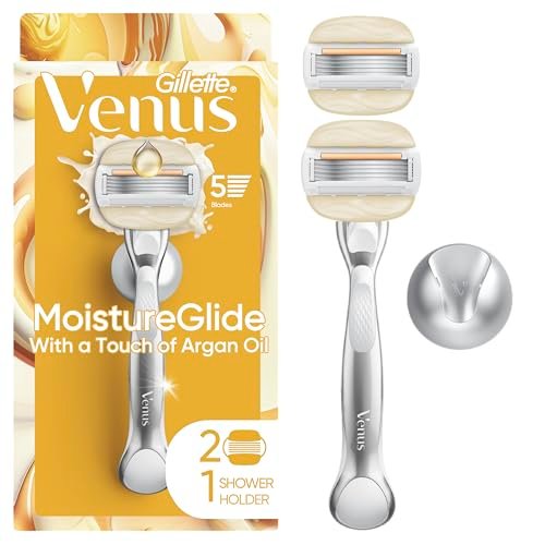 Gillette Venus Moistureglide Damenrasierer – wiederverwendbarer Griff, 2 Klingenköpfe & Duschhalter