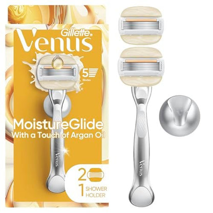 Gillette Venus Moistureglide Damenrasierer – wiederverwendbarer Griff, 2 Klingenköpfe & Duschhalter