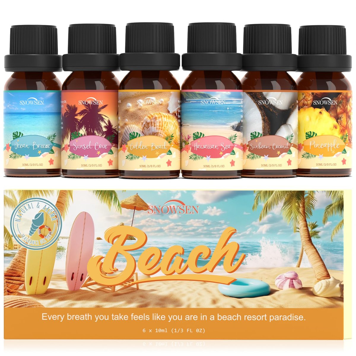 Beach Essential Oils Set – SNOWSEN Duftöl für Diffuser, Kerzenherstellung, Seifenherstellung, Spray – Sonnenstrahl Kokosnuss, Ananas, Meeresbrise, Sunset Cove, Goldener Strand, Hawaiianisches Meer – Tropisches Duftöl (2 Fl Oz, 1er-Pack)