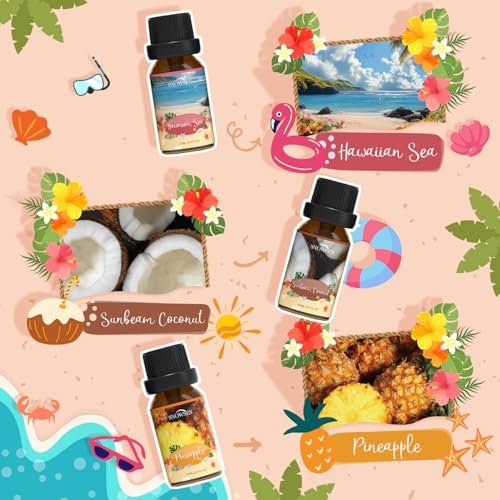 Beach Essential Oils Set – SNOWSEN Duftöl für Diffuser, Kerzenherstellung, Seifenherstellung, Spray – Sonnenstrahl Kokosnuss, Ananas, Meeresbrise, Sunset Cove, Goldener Strand, Hawaiianisches Meer – Tropisches Duftöl (2 Fl Oz, 1er-Pack)