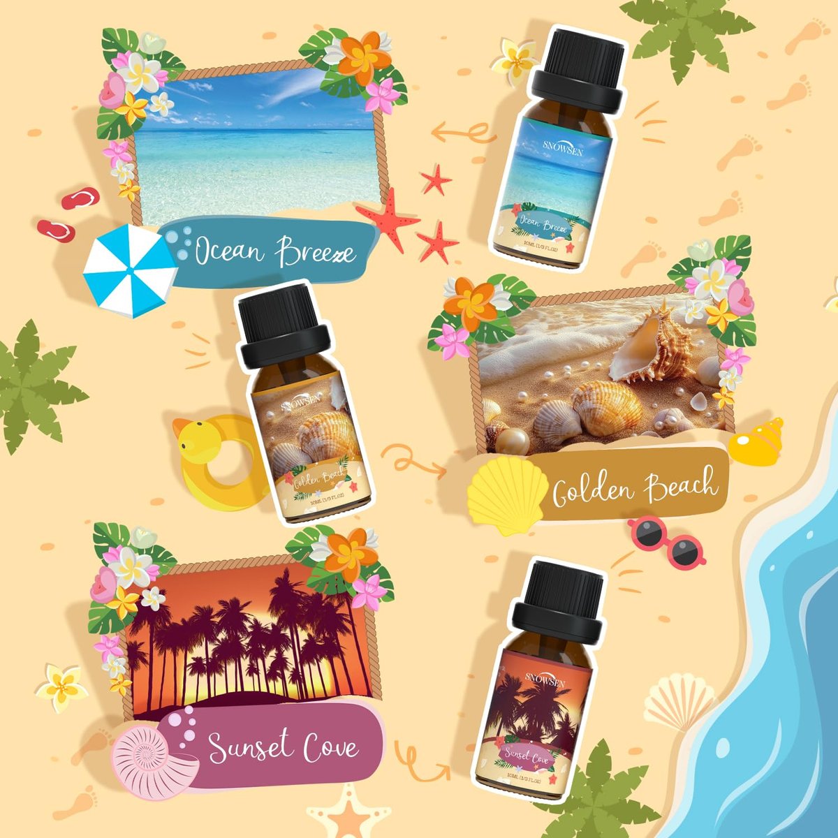 Beach Essential Oils Set – SNOWSEN Duftöl für Diffuser, Kerzenherstellung, Seifenherstellung, Spray – Sonnenstrahl Kokosnuss, Ananas, Meeresbrise, Sunset Cove, Goldener Strand, Hawaiianisches Meer – Tropisches Duftöl (2 Fl Oz, 1er-Pack)