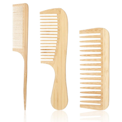 3er Set Naturhandgemachte Bambus Anti-Statik Kämme - Grobzahnig, Rattenschwanz und Feinzahnig, Holzkämme für Haare und Bart, Reisefreundlich, Handpoliert